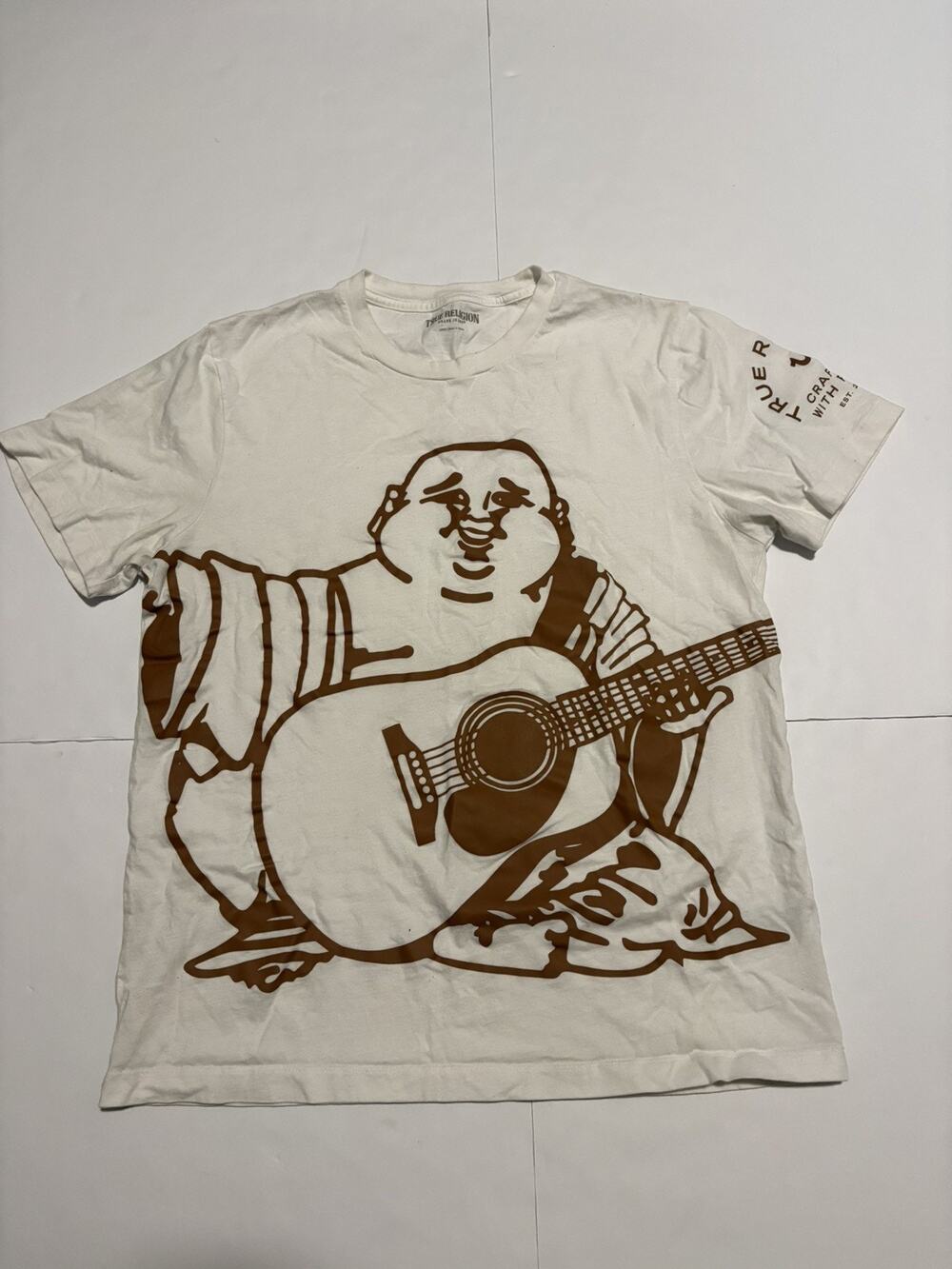True Religion Mens Large Buddha Guitar Graphic T Shirt White Brown Y2K